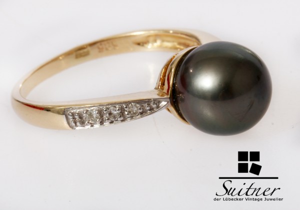 moderner Tahiti Perlen Ring aus 585 Gold mit Diamanten Gr. 56