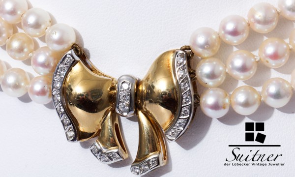 Wempe 3-reihiges Collier Perlen Kette 750 Gold Brillanten 40cm