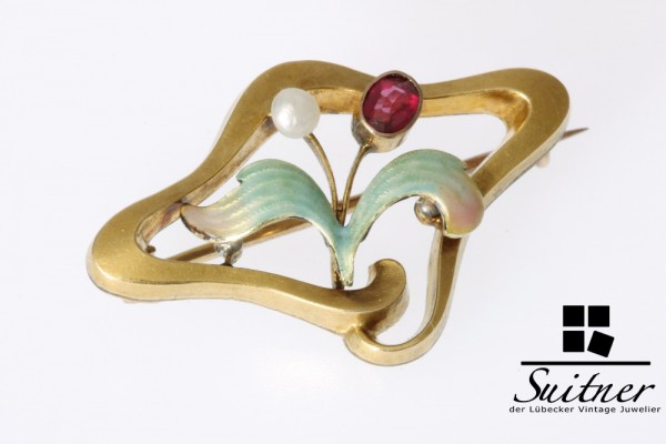 Jugendstil Brosche mit Emaille Perle und Granat 333 Gold
