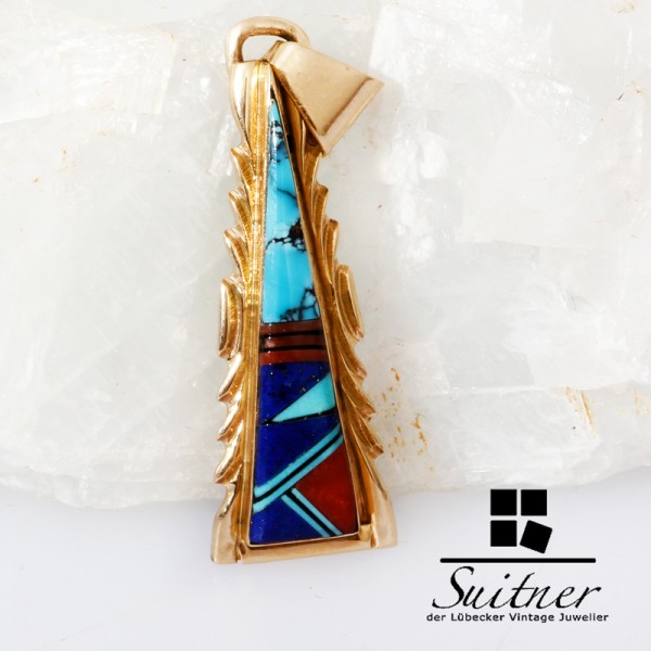 Navajo Anhänger Türkis 585 Gold Native Pendant Türkis Koralle Virginia 14K