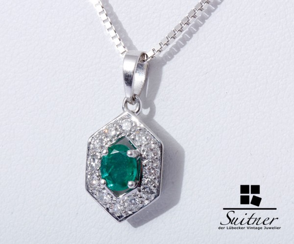 Art Deco Smaragd Kette 12 Brillanten 750 Weißgold Collier Emerald