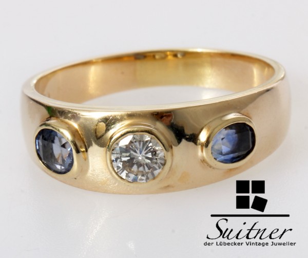 großer 3 Steine Ring Brillant Saphir 585 Gold Gr. 62 Wasserblau Unikat