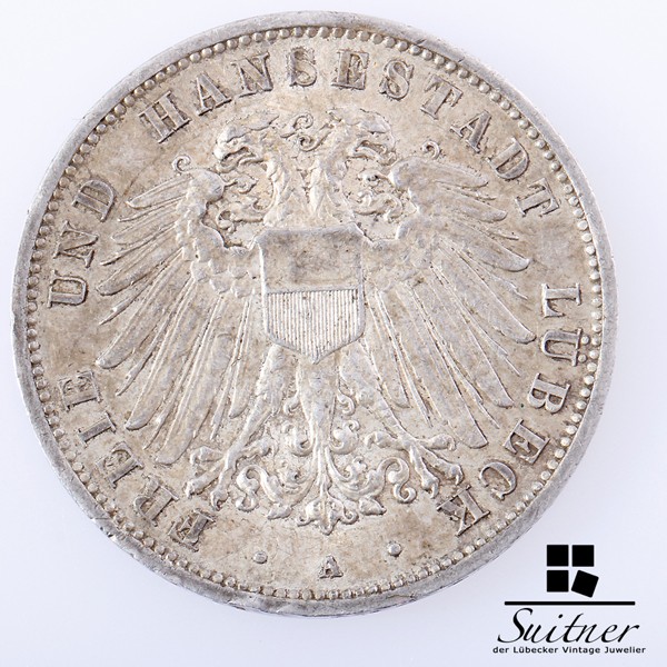 3 Mark Lübeck 1908 mind. SS Prägestätte A tolle Patina
