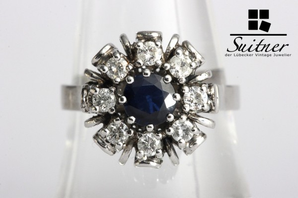 Ring Saphir mit Brillanten 585 Weißgold zus. ca. 0,40 ct. Cocktailring Gr. 57