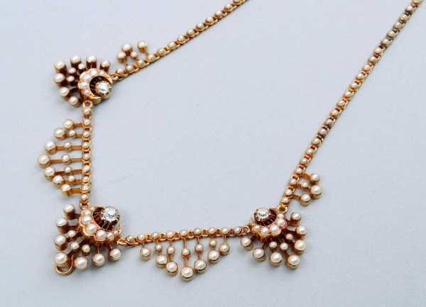 antikes Viktorianisches Collier England um 1880, Diamanten, Gold und Perlen
