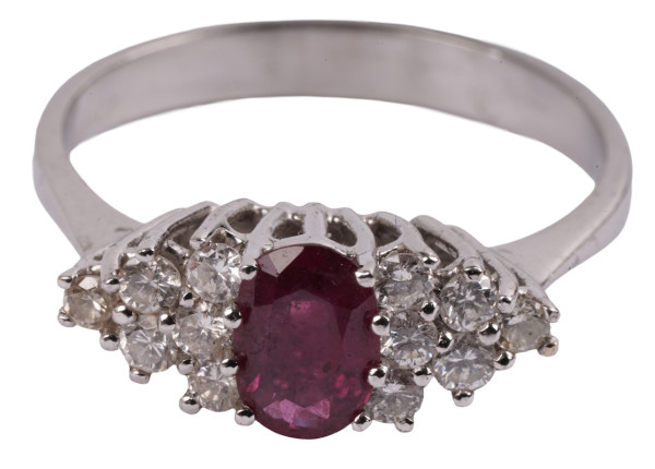 Entourage Ring mit 1,40ct. mit Rubin und Brillanten 585 Weißgold Taubenblut Rot