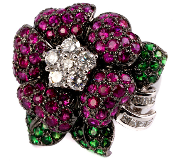 Unikat 5,77ct. Rubin Brillant Blumen Ring Design 750 Weißgold Gr. 52 Tsavorit