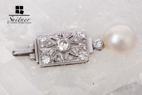 Antiker Art Deko Anhänger Naturperle Diamanten zus. ca. 0,40 ct. 585 Weißgold