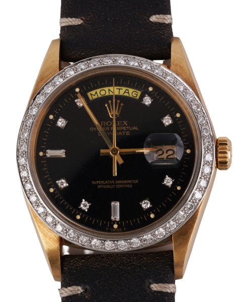 Rolex Day-Date Ref. 1803 Black Diamond Dial Brillanten Lünette 1976 750 Gold