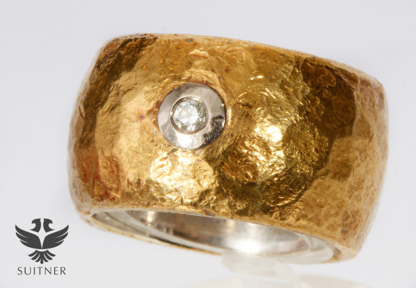 Ring Handgehämmert 925 Silber und 999 Feingold mit 0,07ct. Brillant Unikat