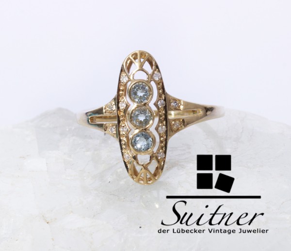 Jugendstil Schiffchenring 585 Gold mit Aquamarin und Diamanten Gr. 58