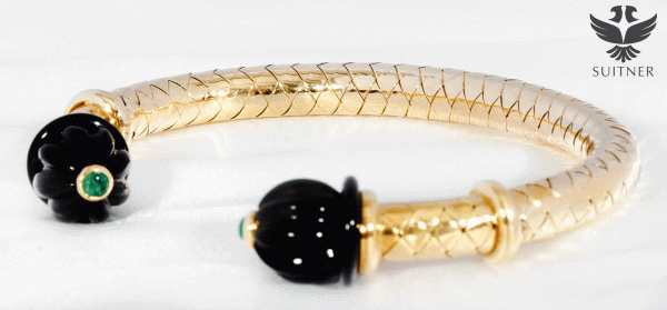 große Design Armspange 750 Gold mit Onyx und Smaragd Armreif Luxus