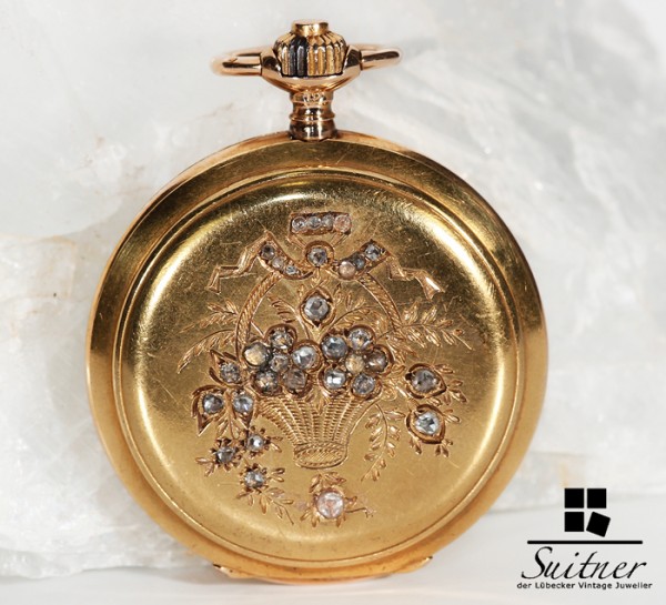 antike Longines Taschenuhr Gold prachtvoller Diamantbesatz museal