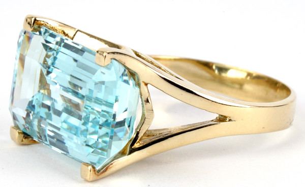 Unikat moderner 9,00ct. Aquamarin Ring aus 585 Gold Gr. 55 Design Baguette Schliff