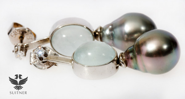 Unikat Ohrhänger Tahiti Perle Brillanten Aquamarin aus Platin und 585 Weißgold