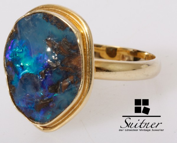 großer blauer Opal Ring 585 Gold Gr. 58,5 Boulder Australien Unikat Nugget