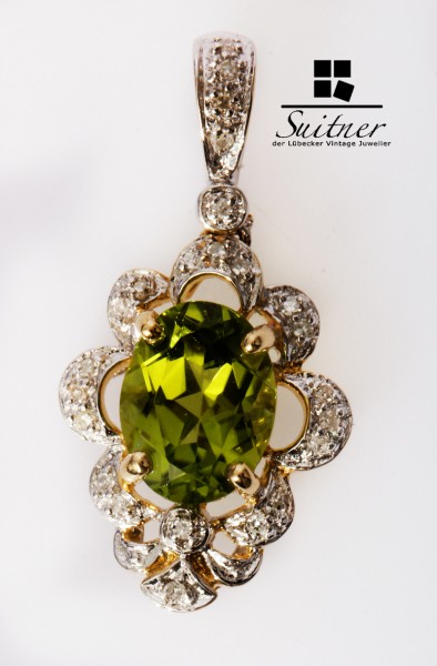 schöner Peridot Diamant Anhänger aus 585 Gold im antiken Design Apfelgrün Grün