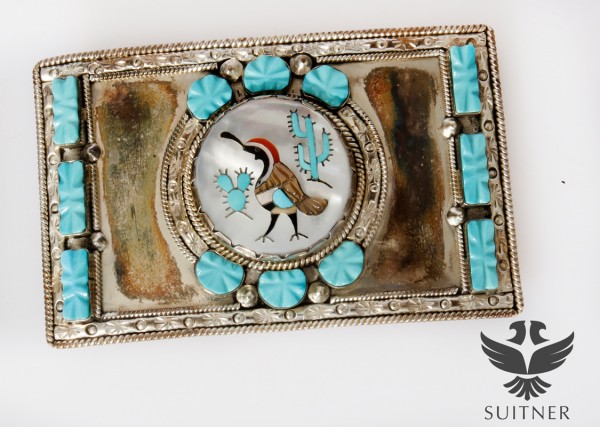 Rare Zuni Navajo Buckle Gürtelschnalle mit Türkis Perlmutt Vogel Unikat LON YOSE Native 925 Silber