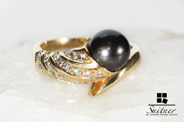Perlen Ring mit schwarzer Zuchtperle und Diamanten aus 585 Gold