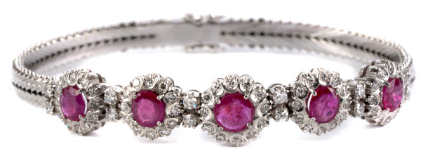 4,28ct. Vintage Armband 750 Gold mit 5 Burma Rubinen und Diamanten Ruby Bracelet