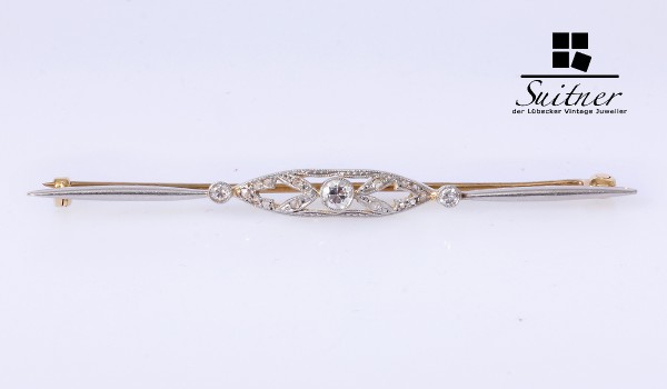 schöne Art Deco Stabbrosche Diamanten 585 Gelbgold / Platinauflage