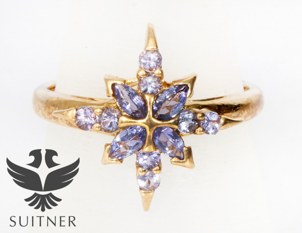toller Ring in Stern Optik 585 Gold Gr. 53 Lila Blau Steinbesatz