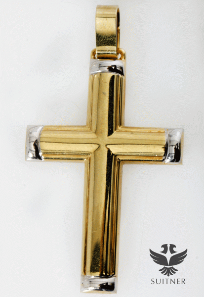 XL Kreuz Anhänger 585 Gelbgold Weißgold