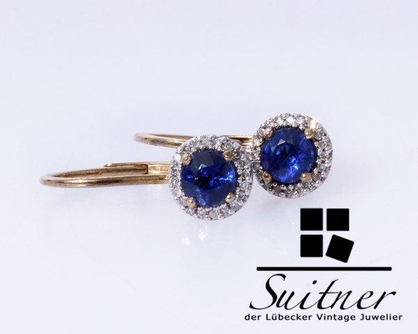 feine Ohrhänger aus Gold mit Saphir blauem Steinbesatz und Diamanten antik