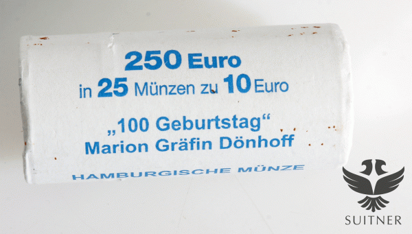25 x 10 Euro - 100. Geburtstag Marion Gräfin Dönhoff- Silber / Sterlingsilber / 1 Rolle OVP