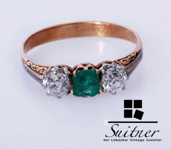 antiker 0,90ct. Bandring Smaragd Diamant Ring 585 Gold Gr. 55 um 1920