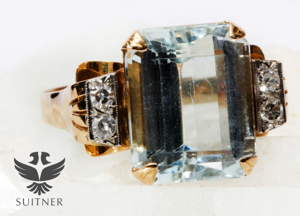 5,00ct. Aquamarin Brillant Art Deco Ring 750 Gold Emerald Cut