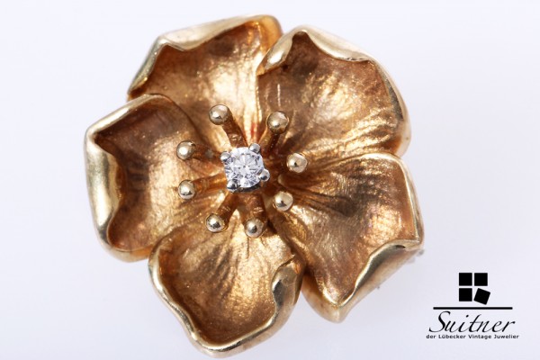 feine Blüte Brosche Brillant 0,02 ct 585 Gold Flower Blume