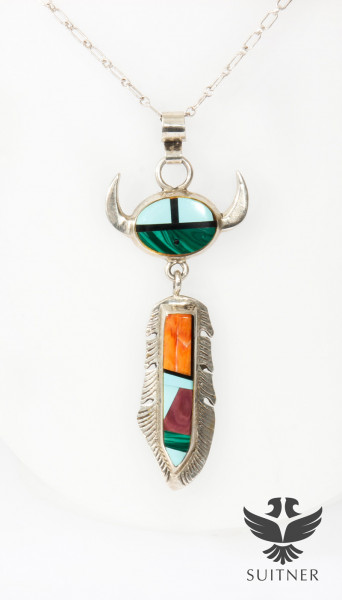 Kette Büffel Feder 925 Silber Inlay Navajo Schmuck