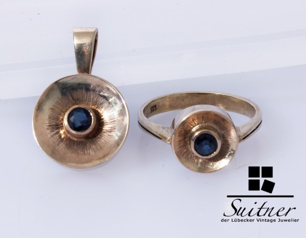 Saphir Schmuckset Ring und Anhänger aus Gold Größe 55 Rund Design