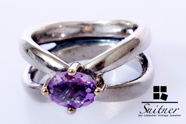 sehr schöner Pandora Ring 925 Silber und Gold mit Amethyst Gr. 53 Lila