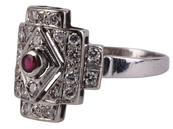 antiker Art Deco Rubin Diamant Ring aus 750 Weißgold Größe 61