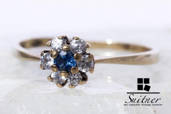 Saphir und Diamant Ring mit Zirkonia aus Gold Gr 54 Klassiker