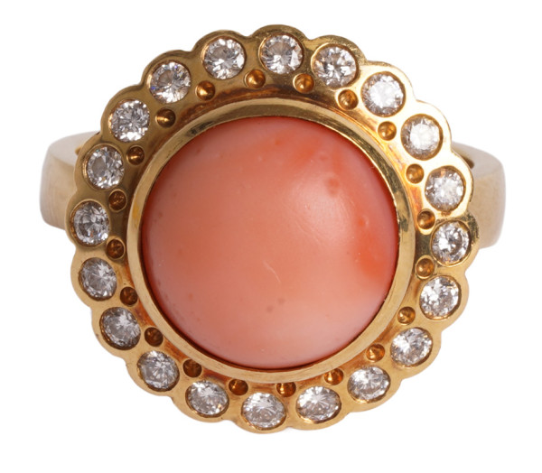 Vintage Korallen Ring mit 0,86ct Brillanten 750 Gold Gr. 59 Coral Design