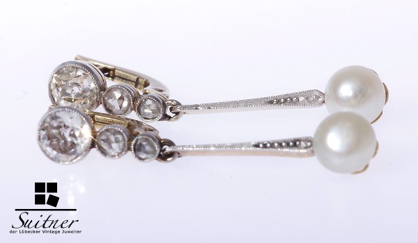 antike 0,70ct. Diamant Perlen Ohrstecker antik Art Deko Gold Platin