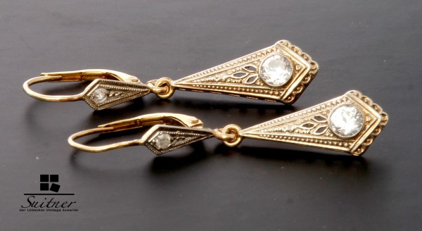Jugendstil Ohrhänger 585 Gold mit Diamant und Steinbesatz