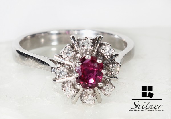 feiner Rubinring mit Diamanten aus 585 Weißgold Art Deco Entourage Ring