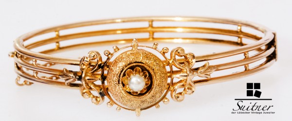 feiner Historismus Armreif um 1880 aus 585 Gold mit Perle - 17,5cm