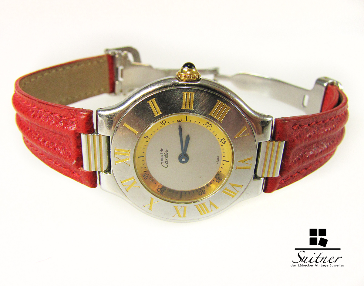 Must de Cartier 21 Damenuhr ROT Leder Papiere FaltschlieBe SELTEN Juwelier Archiv der Lubecker Vintage Juwelier Dennis Suitner e.K