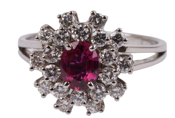 Vintage 1,45ct. Cocktail Ring mit Rubin Brillant 750 Weißgold Gr. 53 Taubenblut