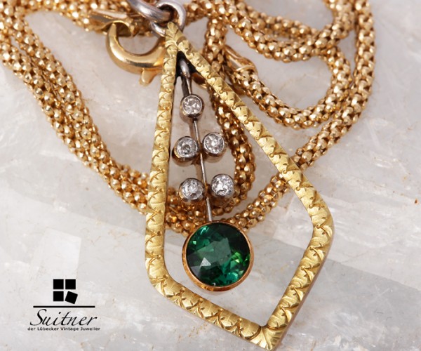 585er Gelbgold Kette mit Diamanten und Turmalin antik