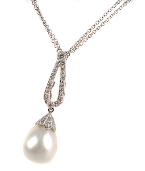 große Lavaliere mit Südseeperle und Diamanten 750 Weißgold Jugendstil Art Nouveau