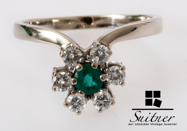 klassischer Smaragd Brillant Ring 585 Weißgold Gr. 56,5 Blüte