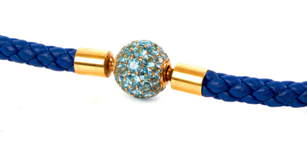 Blautopas Collier aus 750 Gelbgold Kugel Stahl blau Leder