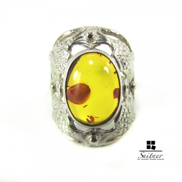 Original Fischland Bernstein Ring aus Silber mit Fischen Amber Handmade 52