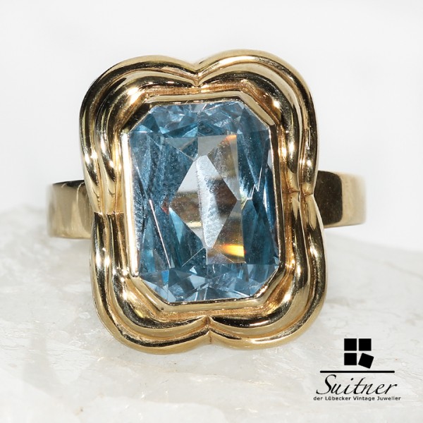 Antiker großer Blautopas Ring aus Gold wie Aquamarin Art Deco Stil